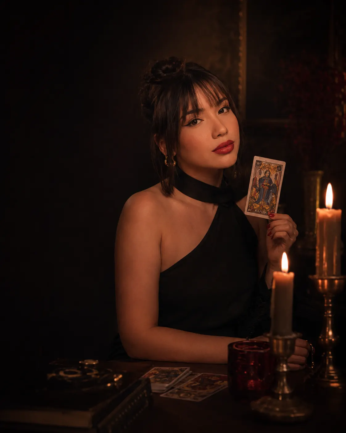 Retrato de Kamily com uma carta de Tarot entre velas