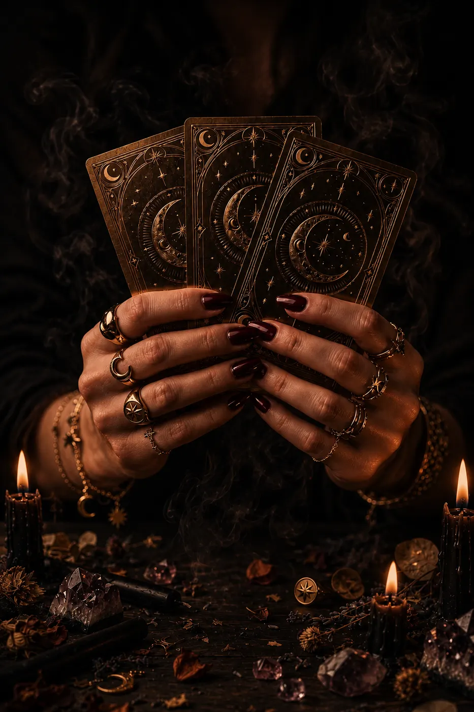 Mãos aneladas segurando três cartas de tarô douradas, entre velas e fumaça