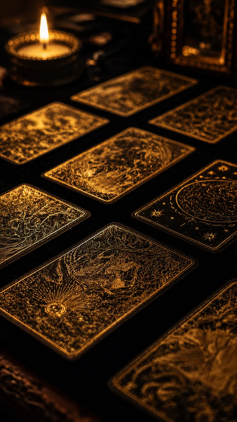 Dez cartas de tarô douradas dispostas em tiragem sobre veludo escuro, à luz de vela