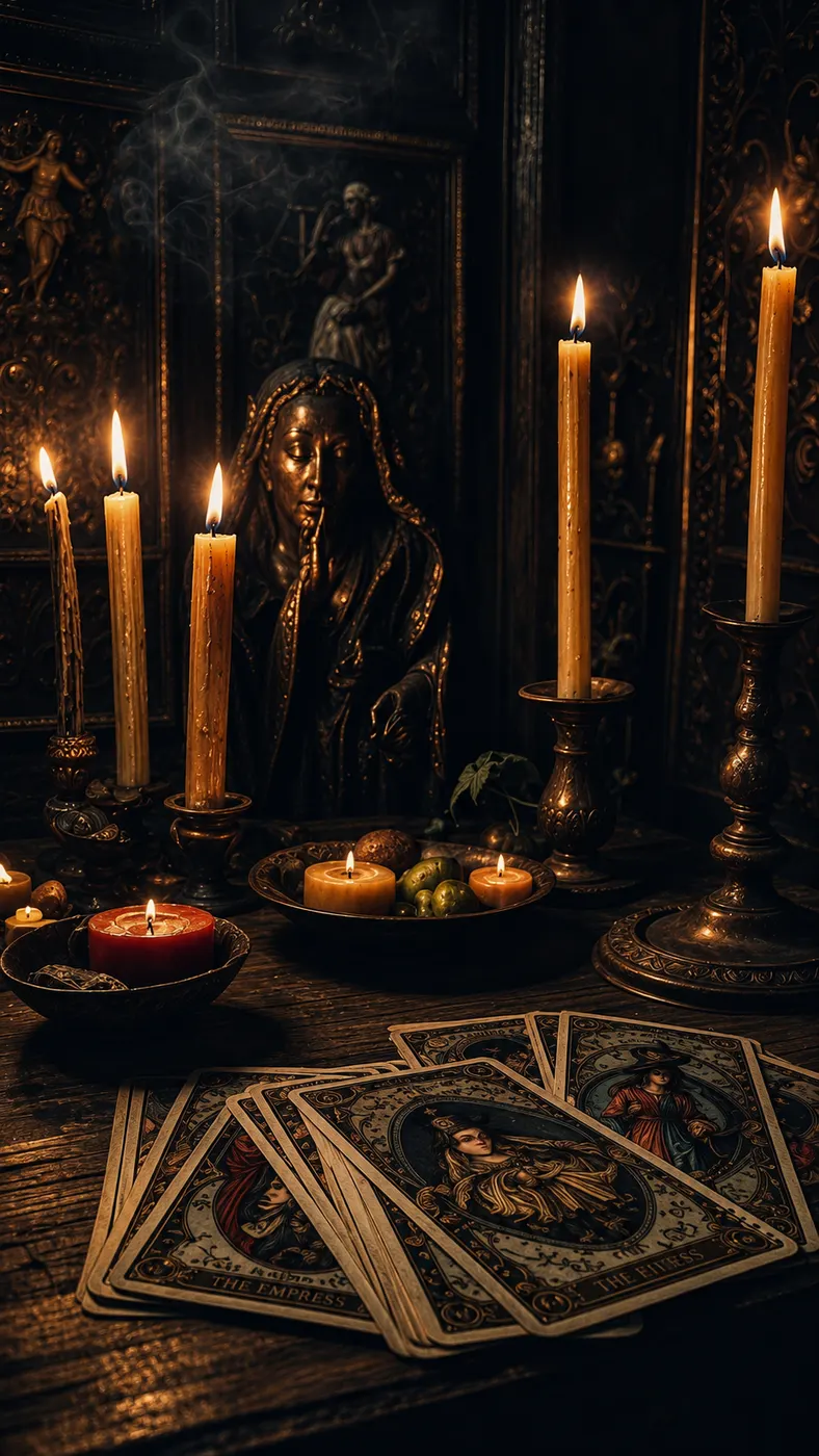 Velas acesas diante de uma imagem sacra antiga, com cartas de tarô sobre a mesa