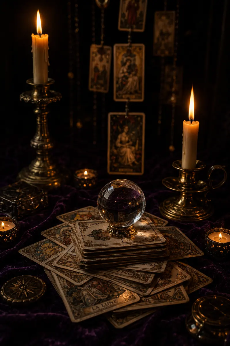 Bola de cristal sobre um monte de cartas de tarô em veludo roxo, entre castiçais dourados