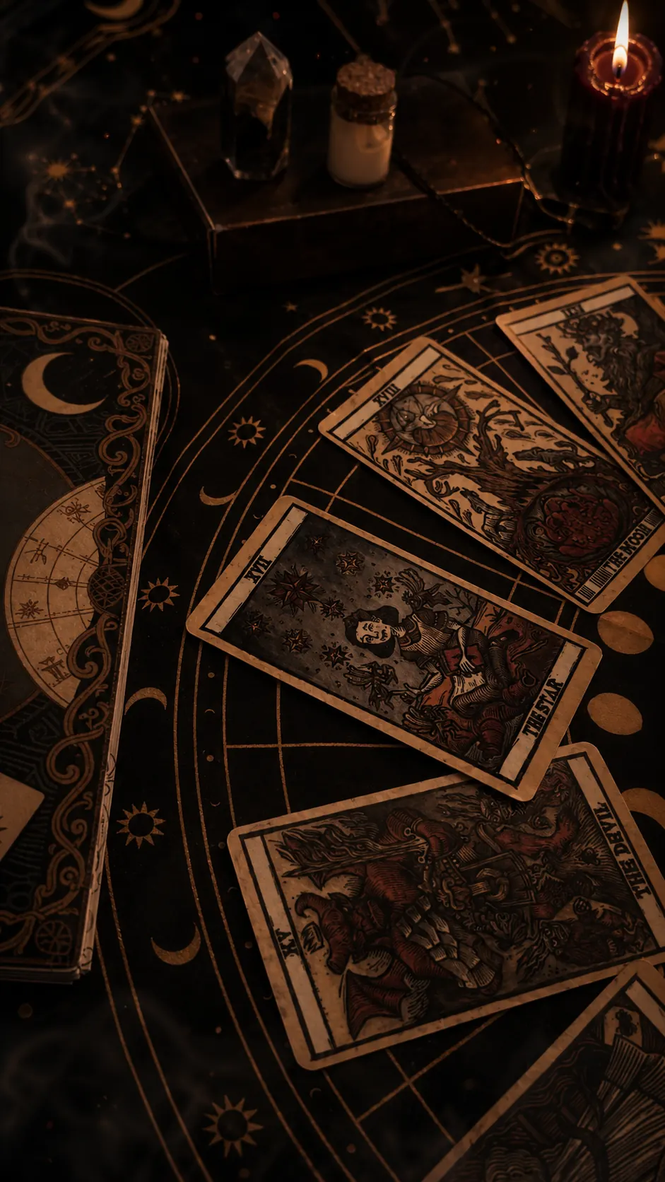 Cartas de tarô espalhadas sobre uma mesa de leitura