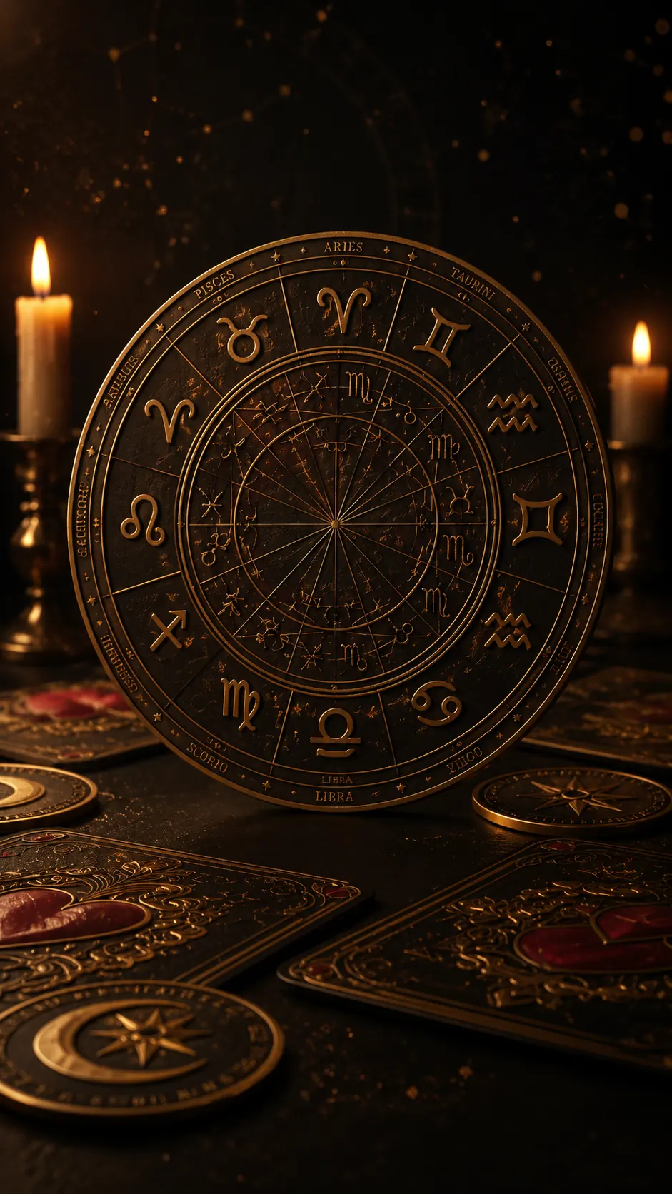 Roda zodiacal dourada com os doze signos, entre velas