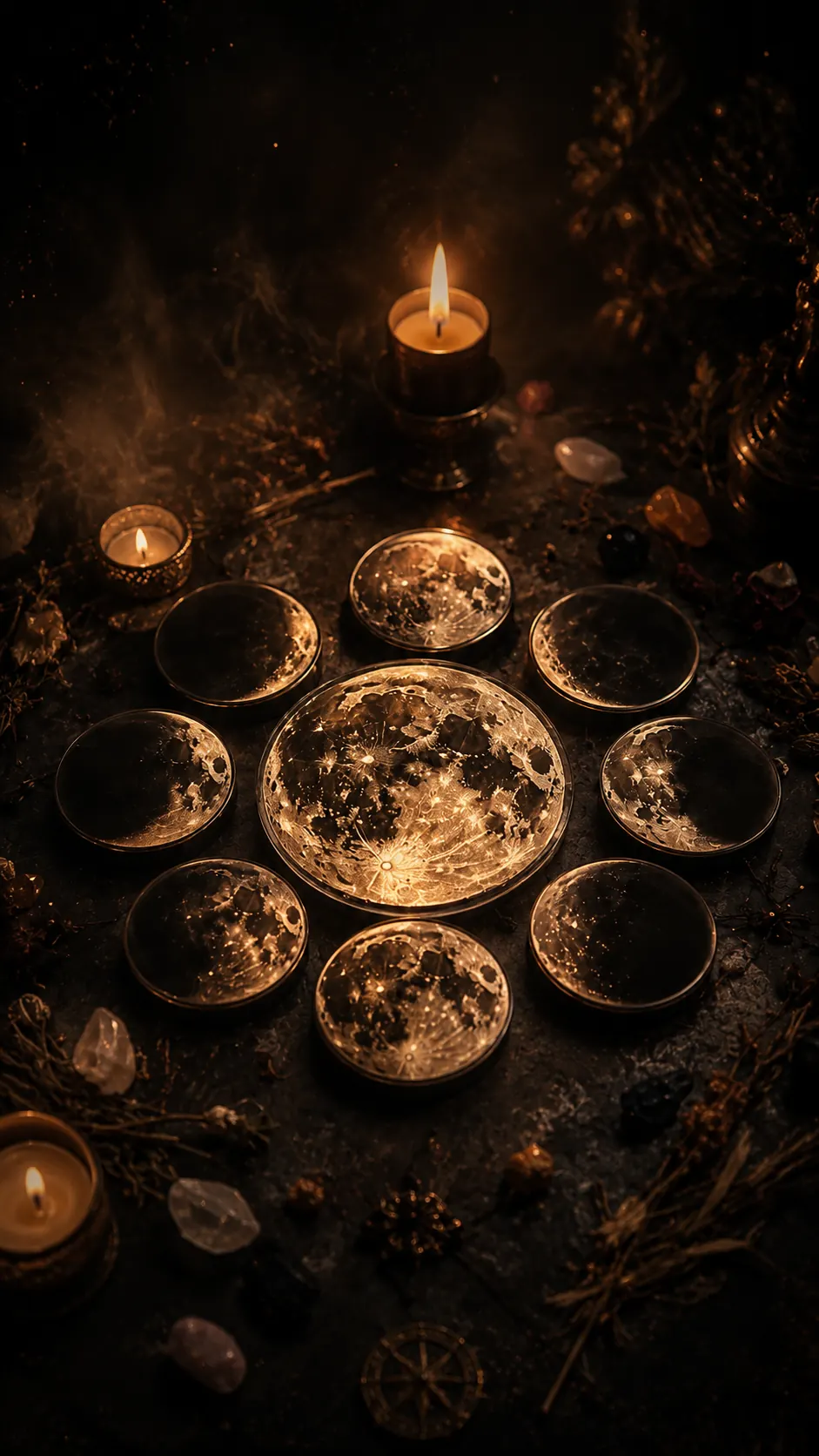 Fases da lua dispostas em círculo entre velas acesas