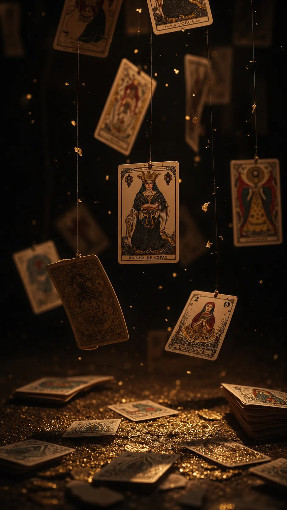 Várias cartas de tarô suspensas, abertas numa leitura ampla