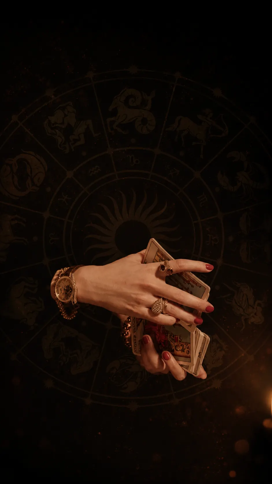 Mão segurando cartas de tarô sobre uma roda zodiacal dourada