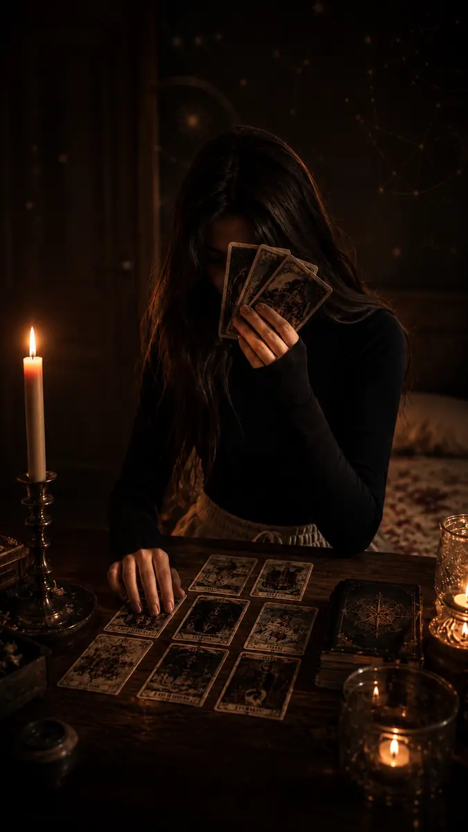 Mulher sozinha à luz de velas, com cartas na mão diante de uma tiragem