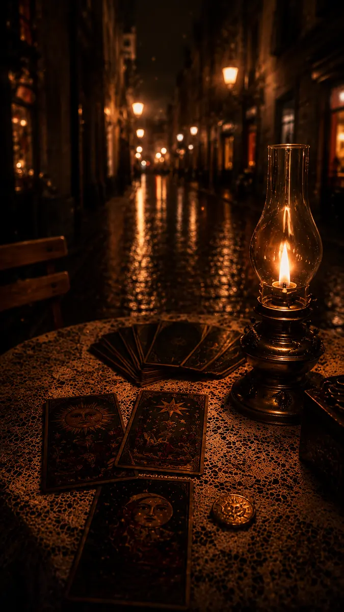 Cartas de tarô sobre uma mesa numa rua noturna iluminada por lampiões
