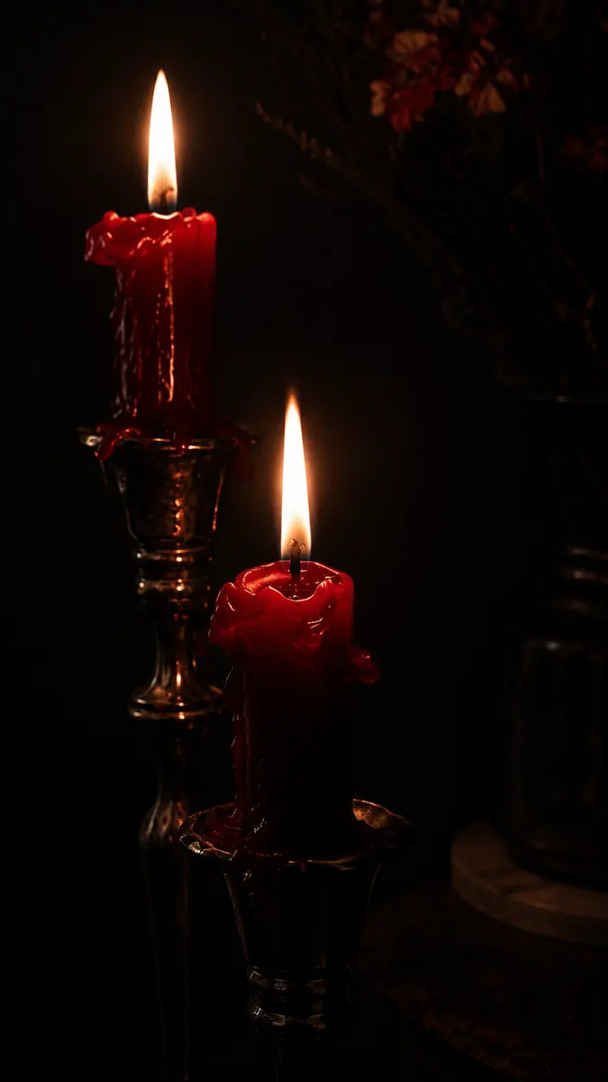 Duas velas vermelhas derretidas em castiçais de metal, no escuro