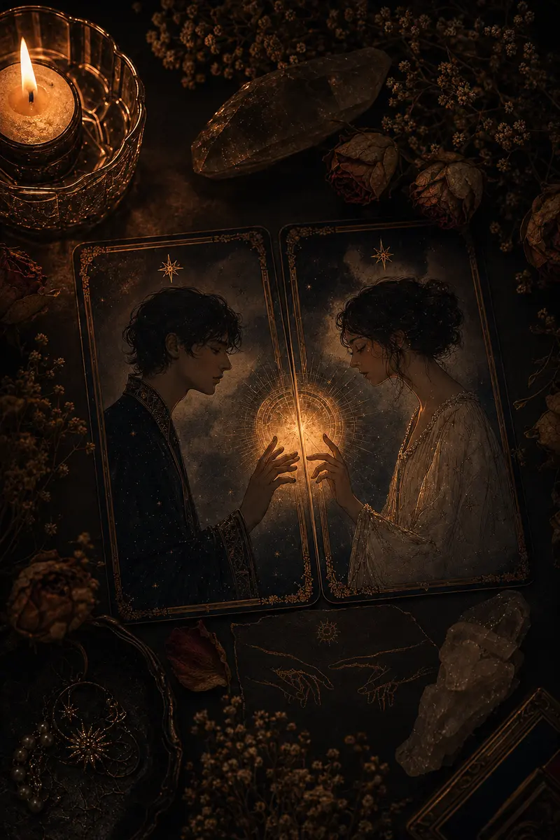 Duas cartas de tarô lado a lado, com duas figuras tocando a mesma luz dourada