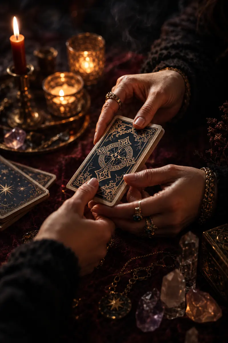 Mãos de cartomante entregando uma carta de tarô entre velas e cristais