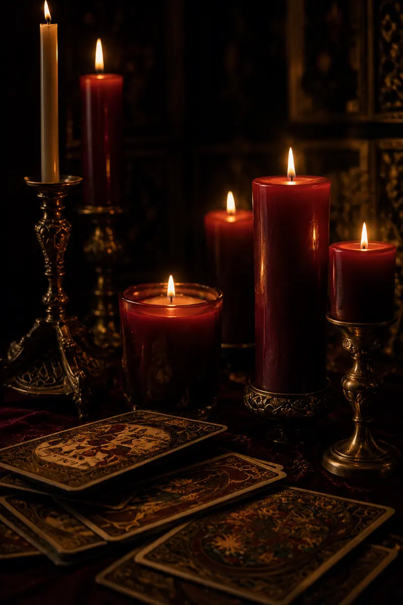Velas vermelhas e douradas acesas sobre veludo escuro, ao lado de cartas de tarô