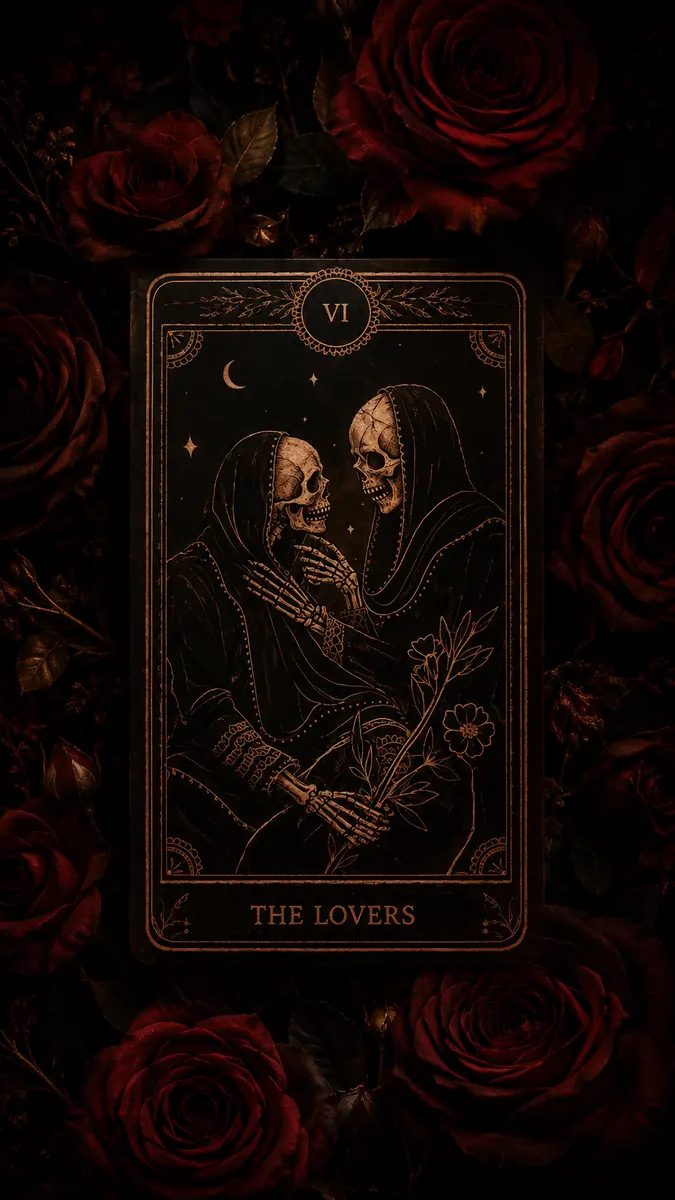 Carta dos Enamorados em traço dourado, cercada por rosas vermelhas escuras