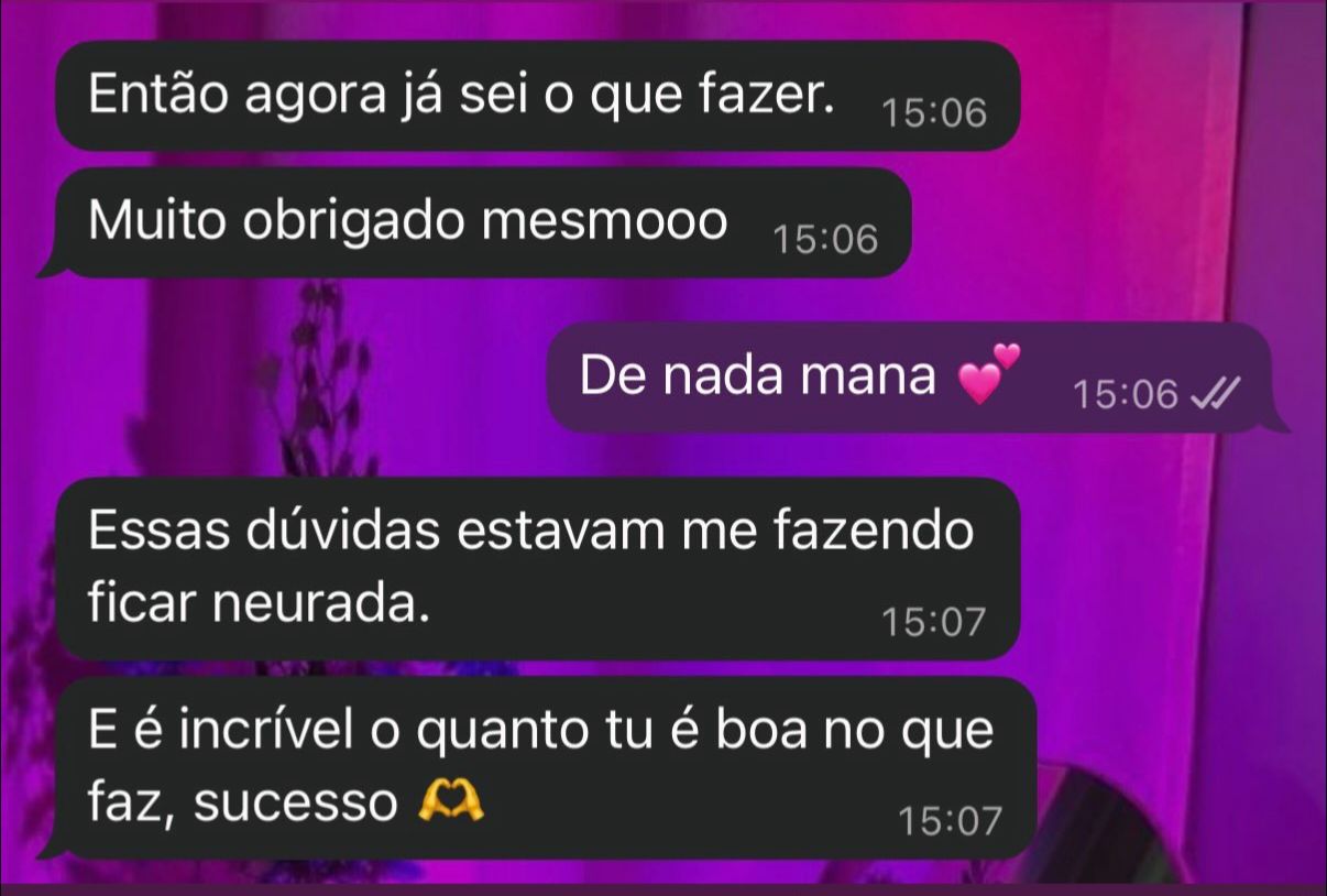 Depoimento de cliente em print de conversa — 2 de 10